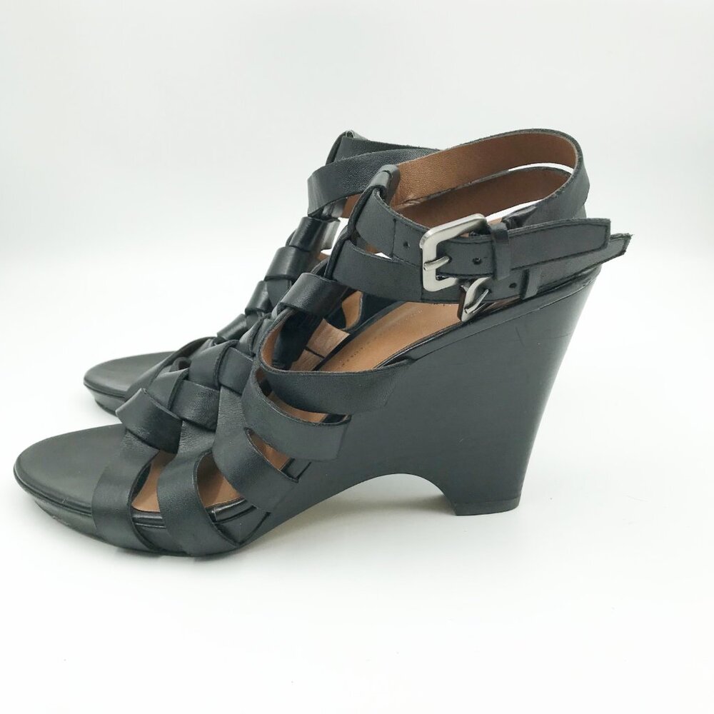 FRANCO SARTO Nikita Black Caged Wedge Heels Leather Strappy Sandals Womens 9 - Picture 5 of 12